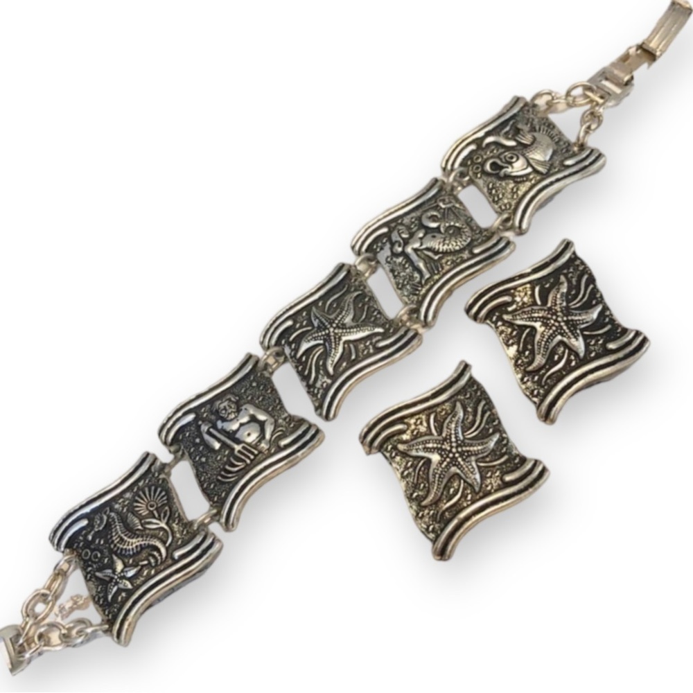1940s Germany Eloxal Mermaid Panel Bracelet & Starfish Clip-on Earring Set